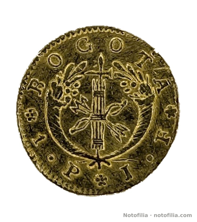 Reverso: fasces, arco y flechas, cornucopias; BOGOTA, 1 · P, roseta y J · F.