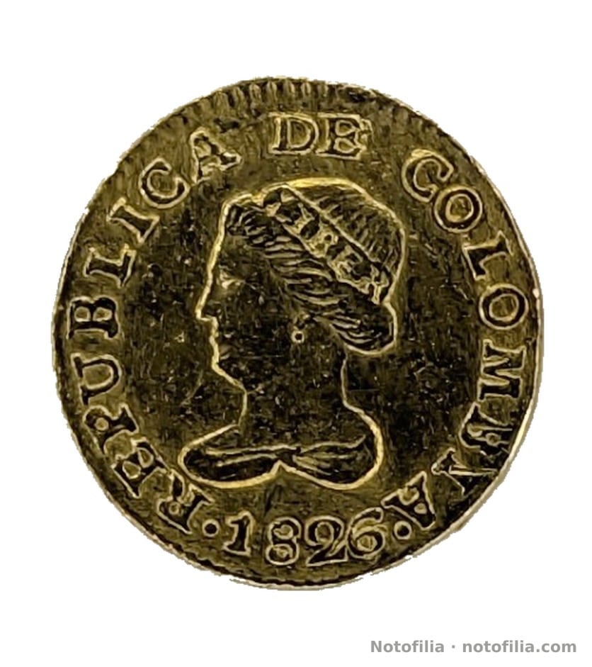 Anverso: busto de la Libertad a la izquierda, ínfula, leyenda REPUBLICA DE COLOMBIA y fecha 1826.