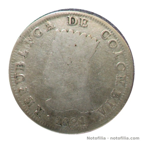 Anverso: busto de la india a la izquierda, leyenda REPUBLICA DE COLOMBIA y fecha 1821.