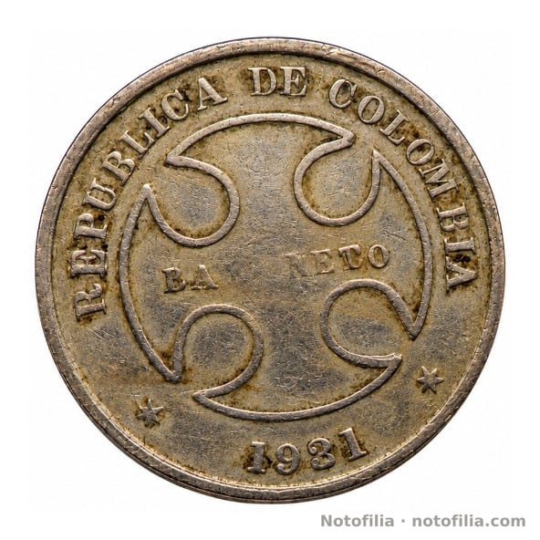 Anverso: cruz con LAZARETO gastado, leyenda REPUBLICA DE COLOMBIA y fecha 1931.