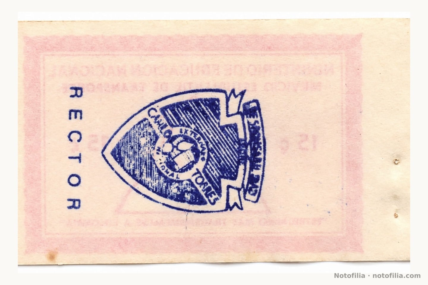 Back with no printer’s engraving: the red face shows through, with a vertical RECTOR stamp and a shield EXTERNADO NACIONAL / CAMILO TORRES. It is not Camilo Torres on the Banco de la República two-peso oro.