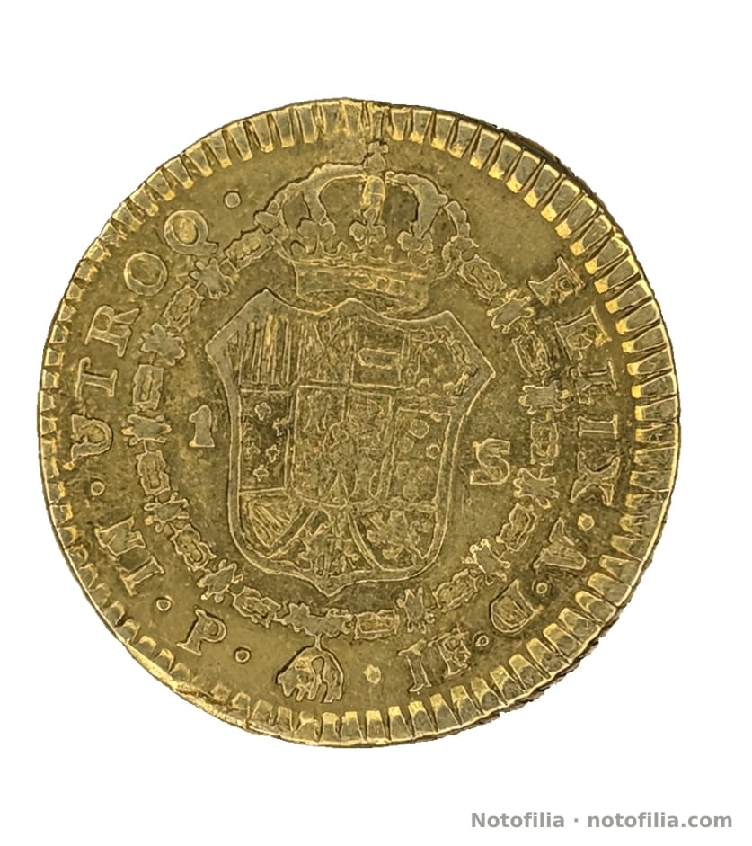 Reverso: escudo coronado y Toisón; 1 S; marcas P y JF a ambos lados del vellocino.