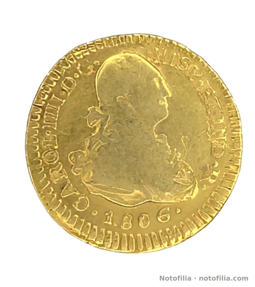 Anverso: busto de Carlos IV a la derecha, leyenda con IIII y fecha 1806.