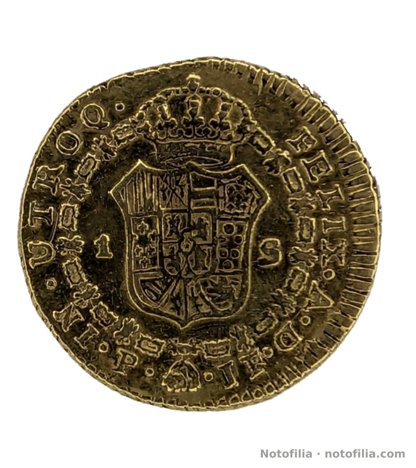 Reverso: escudo coronado y Toisón; 1 S; marcas P y JF a ambos lados del vellocino.