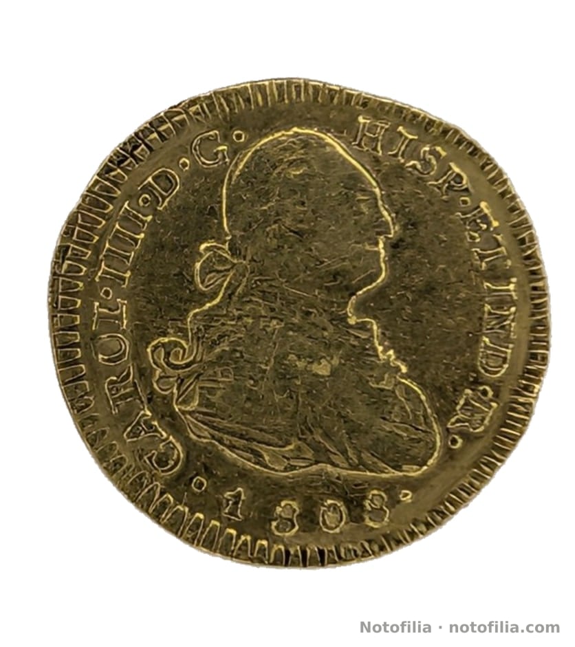 Anverso: busto de Carlos IV a la derecha, leyenda con IIII y fecha 1808.