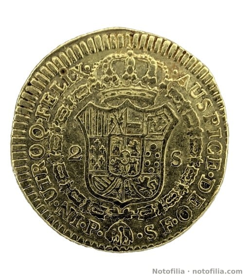Reverso: escudo coronado y Toisón; 2 S; marcas P y SF a ambos lados del vellocino.