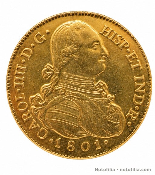 Anverso: busto de Carlos IV a la derecha, leyenda con IIII y fecha 1801.