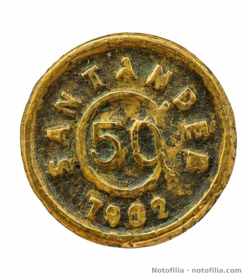 Anverso: SANTANDER en arco, 50 dentro del círculo y fecha 1902.