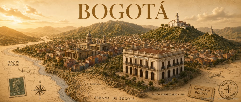 Panorámica ilustrada vintage de Bogotá sobre pergamino, con el edificio neoclásico del Banco Hipotecario rotulado 1910 en la obra y el título Bogotá