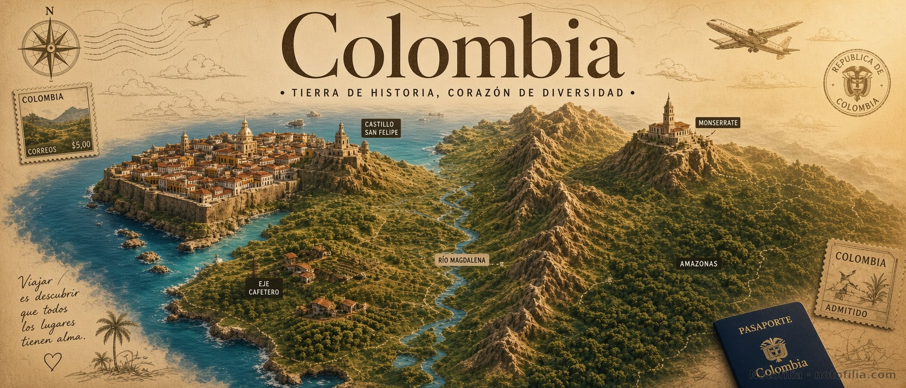 Mapa vintage en relieve 3D de Colombia sobre pergamino, con el Castillo San Felipe, Monserrate, el Eje Cafetero, el Amazonas, un pasaporte y el título Colombia