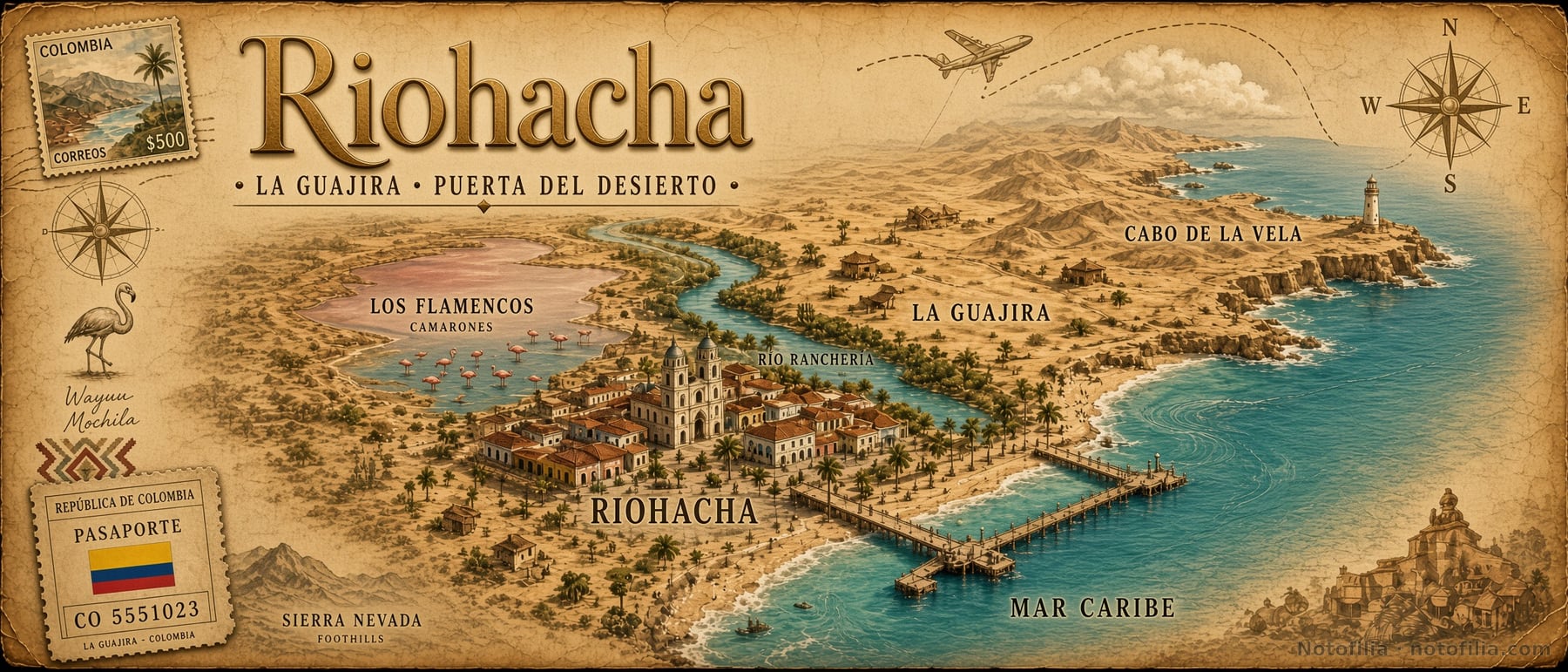 Mapa ilustrado vintage de Riohacha sobre pergamino, con la catedral, el muelle, el mar Caribe, La Guajira, un pasaporte y el título Riohacha