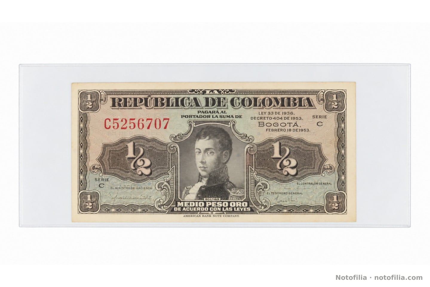 Anverso del medio peso oro, Pick 345b: Nariño, serie C, serial C5256707 y fecha 18 de febrero de 1953.