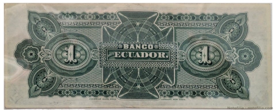Reverso verde del 1 sucre P#S151c, serial K117574: BANCO DEL ECUADOR y pie de la American Bank Note Company, Nueva York.
