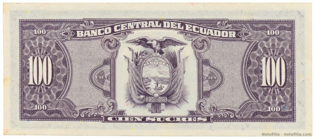 Reverso púrpura del 100 sucres P#123Ab, serie WF, serial 00000002: escudo del Ecuador y CIEN SUCRES.