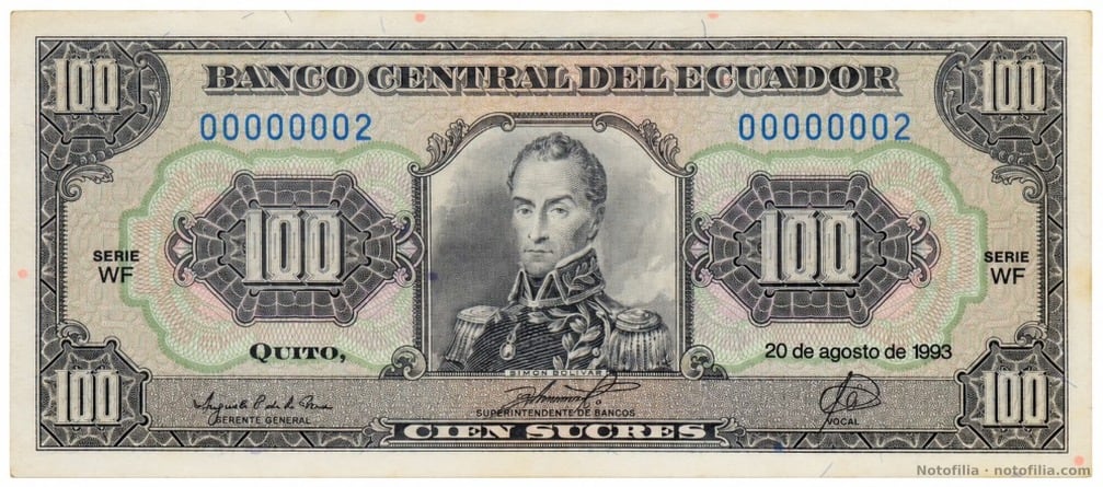 Anverso del 100 sucres P#123Ab, serie WF, serial 00000002: Simón Bolívar, Quito, 20 de agosto de 1993.