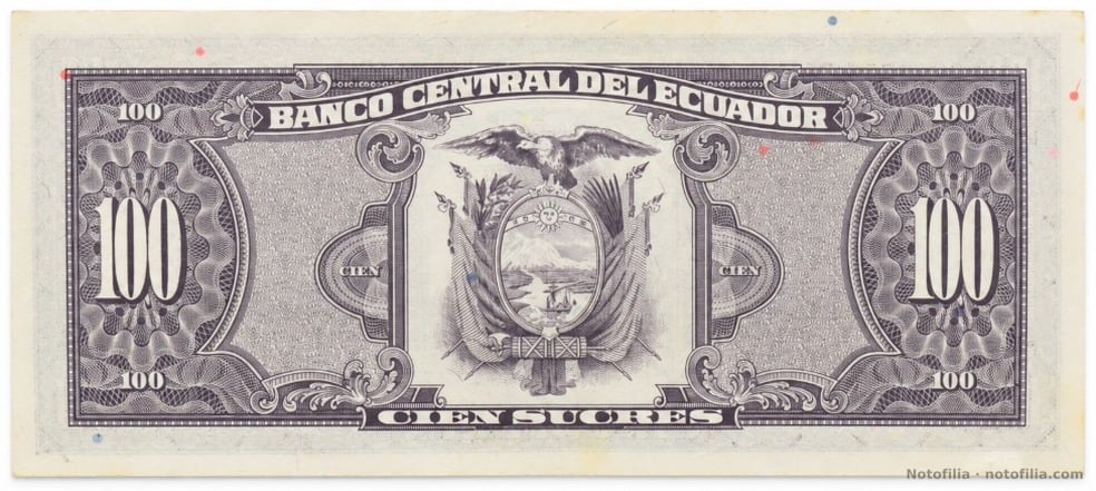 Reverso púrpura del 100 sucres P#123Ab, serie WF, serial 00000003: escudo del Ecuador y CIEN SUCRES.