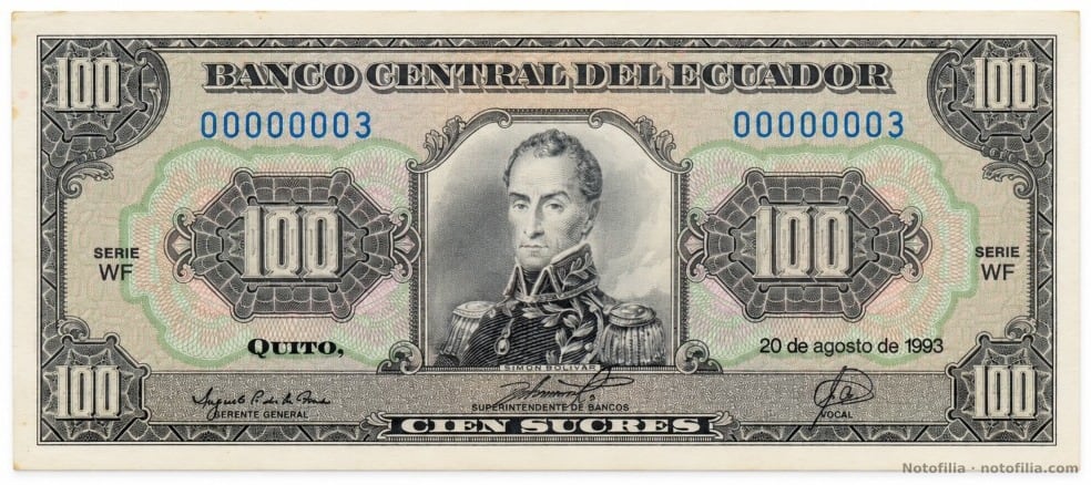 Anverso del 100 sucres P#123Ab, serie WF, serial 00000003: Simón Bolívar, Quito, 20 de agosto de 1993.