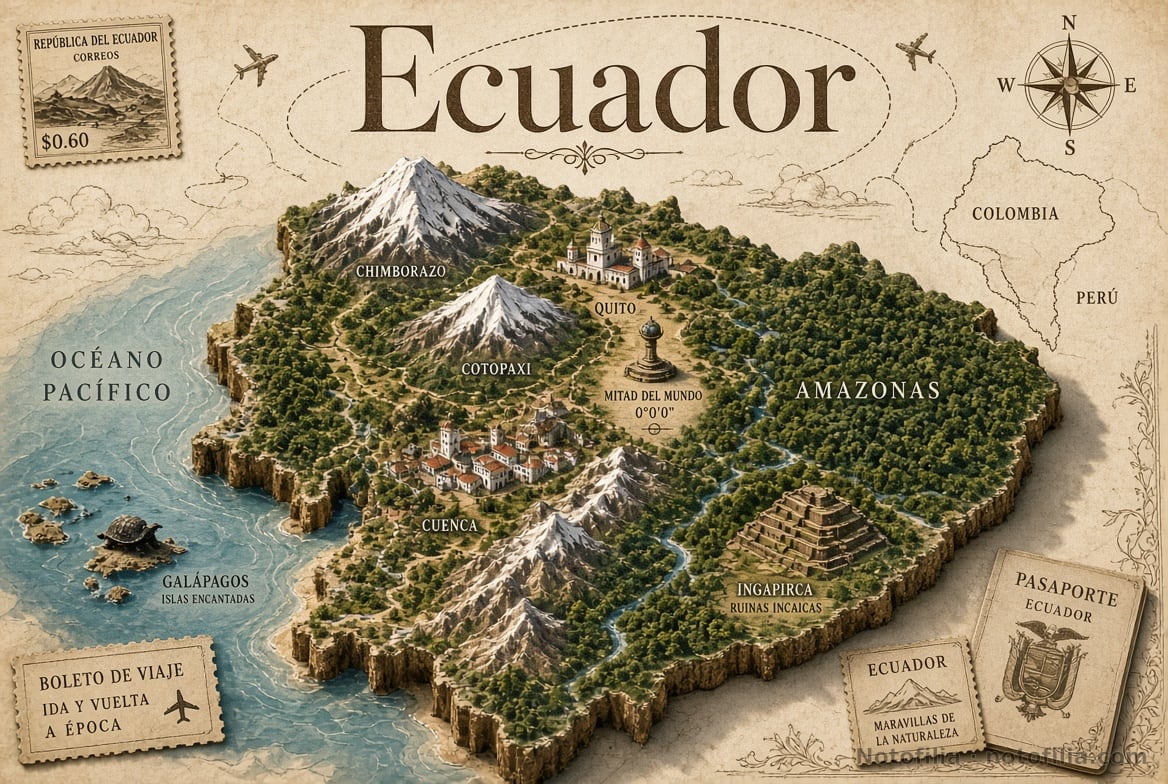 Mapa vintage en relieve 3D de Ecuador sobre pergamino, con Chimborazo, Cotopaxi, Quito, las islas Galápagos, un pasaporte y el título Ecuador