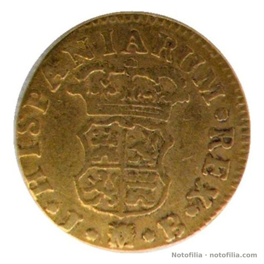 Reverso, en posición de lectura: escudo coronado de Castilla y León; HISPANIARUM · REX; J, M coronada y B.