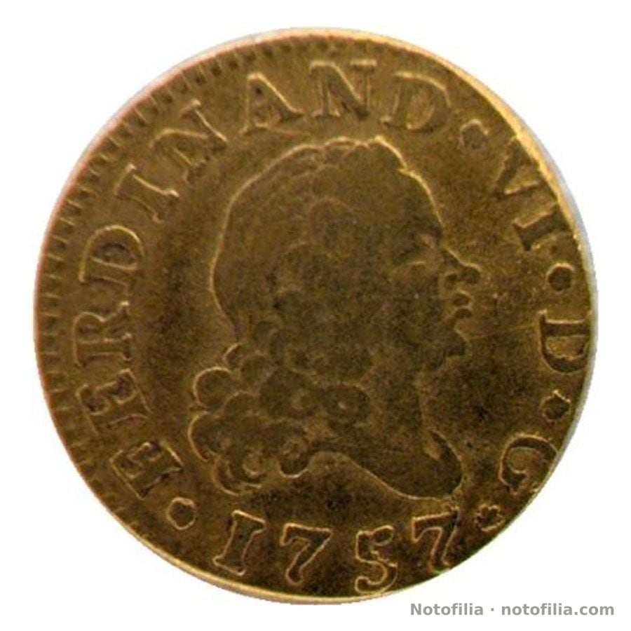 Anverso: busto de Fernando VI a la derecha; FERDINAND · VI · D · G ·; fecha 1757 bajo el retrato.
