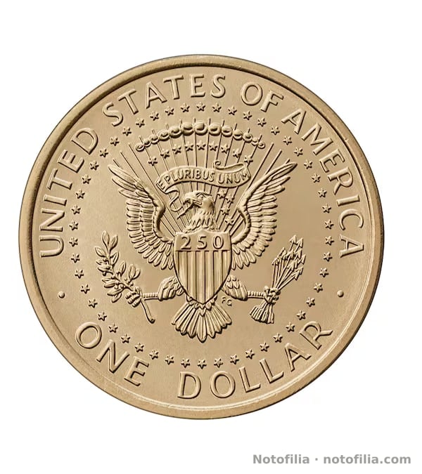 Reverso: sello presidencial de Gasparro con 250 en el escudo; UNITED STATES OF AMERICA; ONE DOLLAR; iniciales FG. Sin marca privy JULY 4th.