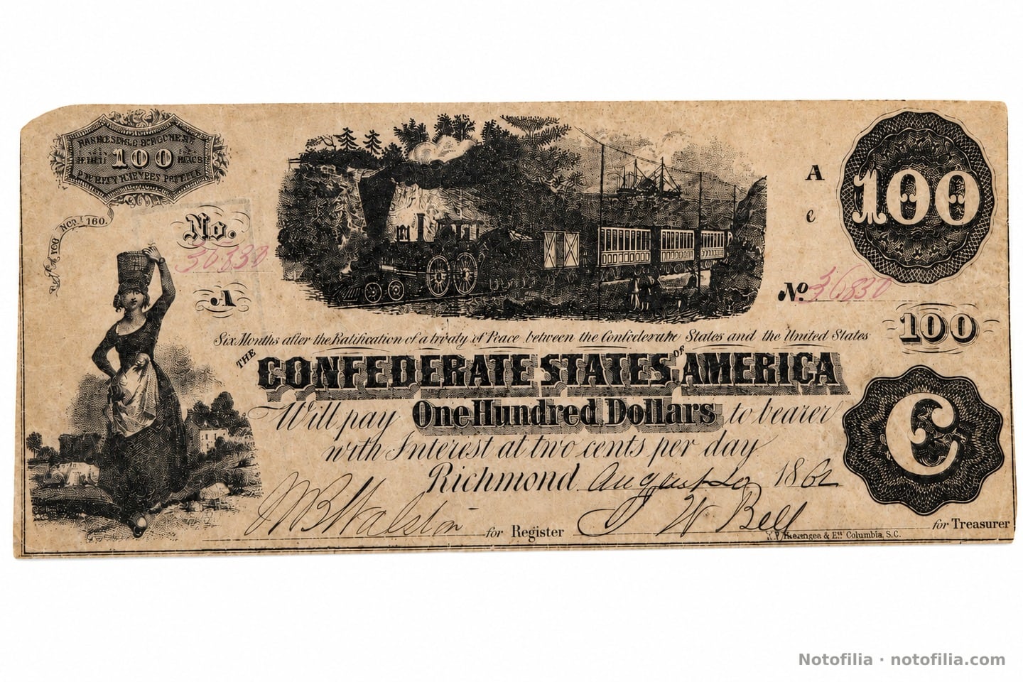 Anverso del 100 dólares confederado, T-40, Richmond, 20 de agosto de 1862, serial 36830, serie Ac: lechera y locomotora de vapor difuso.