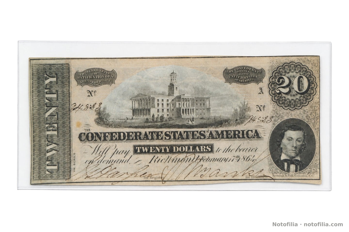 Face of the Confederate $20, T-67, 17 February 1864, serial 74523, plate A: the Tennessee Capitol and Stephens.