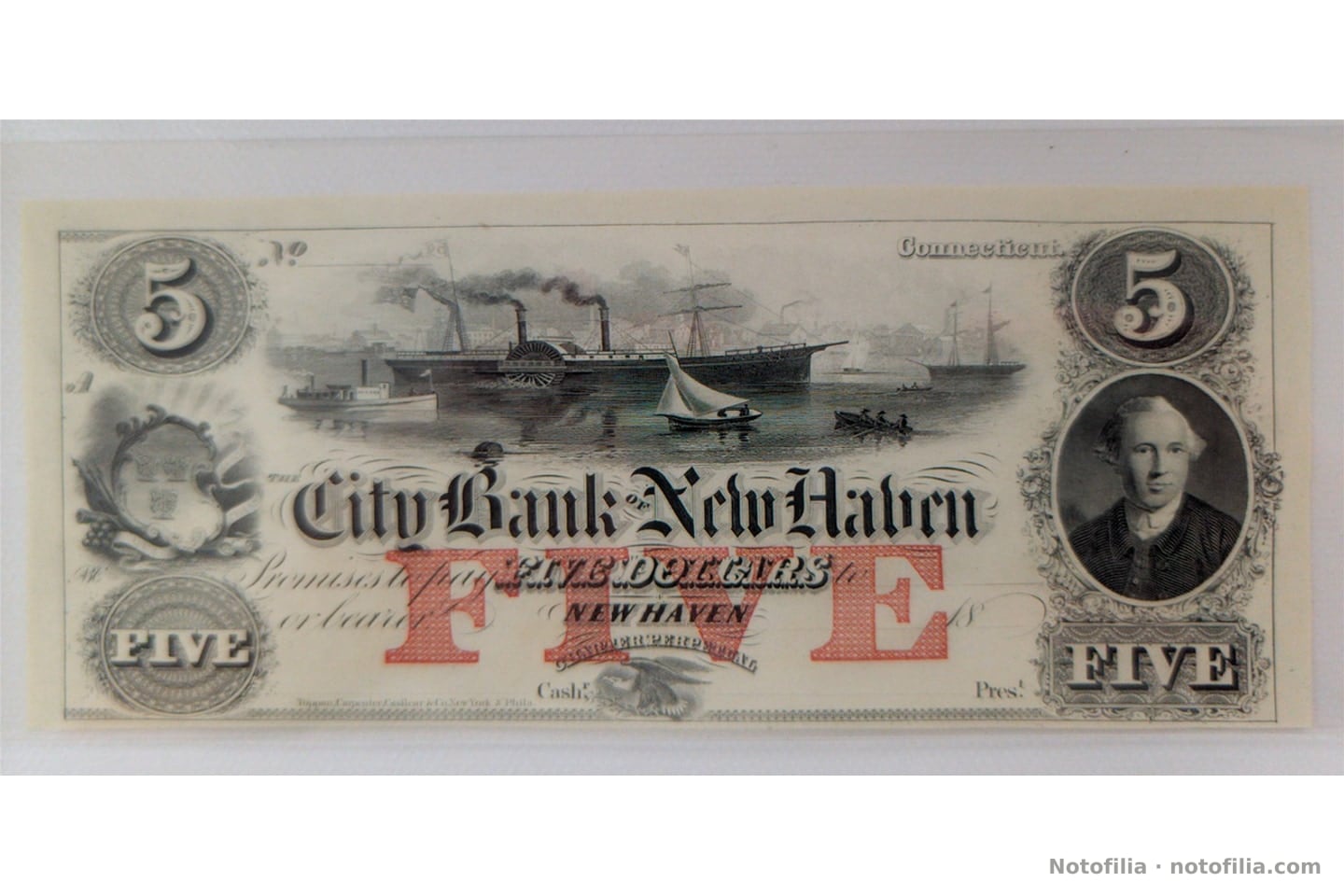 Face of the $5 remainder, Haxby CT-265 G52b, plate A: harbor with a sidewheel steamer, red FIVE protector, and a blank No.