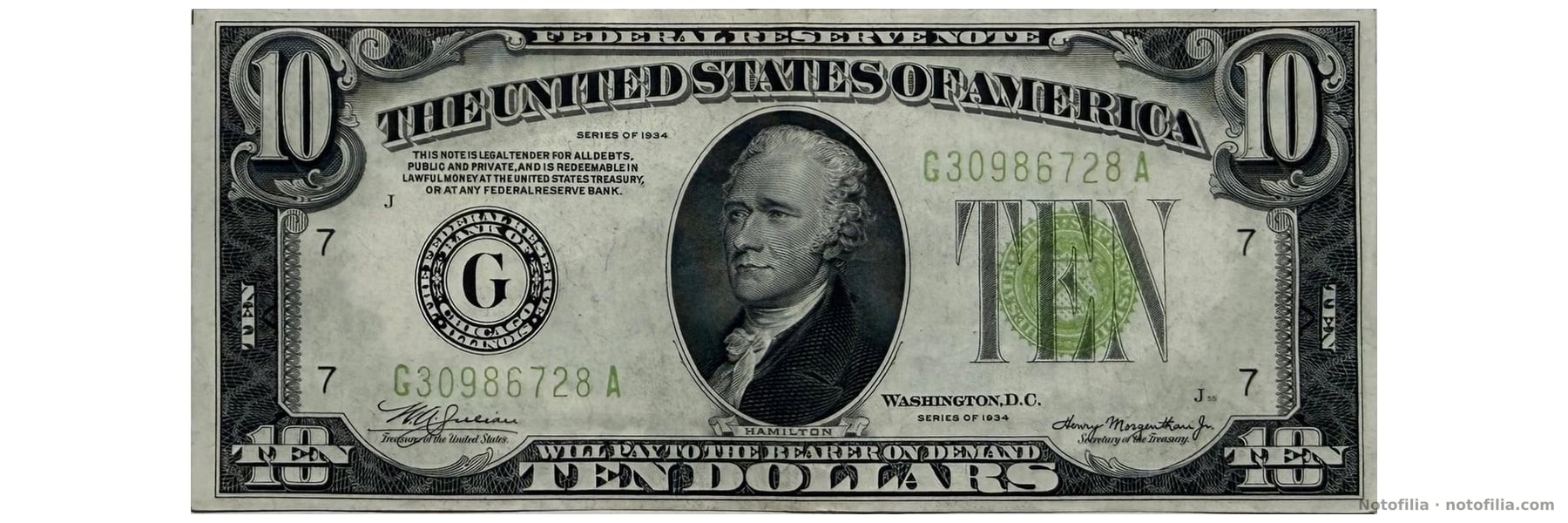 Face of the Series 1934 $10, Chicago district, serial G30986728A: Hamilton and the green Treasury seal.