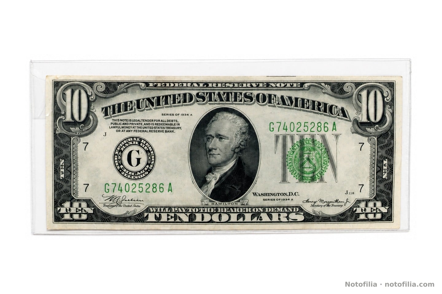 Face of the Series 1934A $10, Chicago district, serial G74025286A: Hamilton, the green Treasury seal, and plate J118.