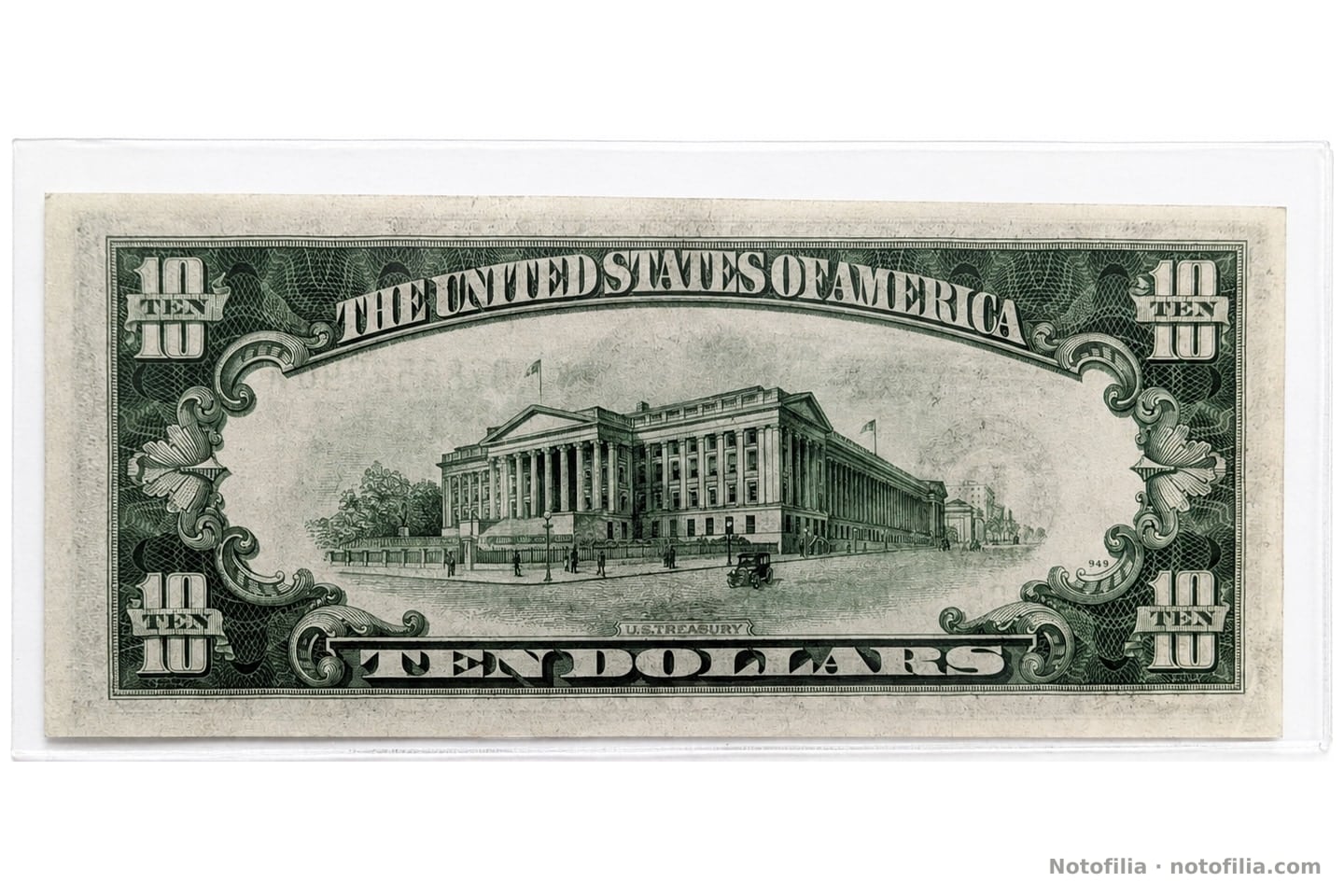 Reverso del 10 dólares, serie 1934 A: edificio del Tesoro y TEN DOLLARS. Plancha 949. Sin lema IN GOD WE TRUST.