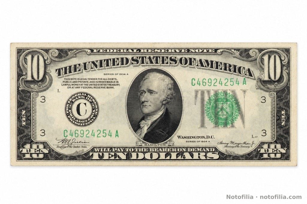 Anverso del 10 dólares, serie 1934 A, distrito de Filadelfia, serial C46924254A: Hamilton, sello verde del Tesoro y plancha L87.