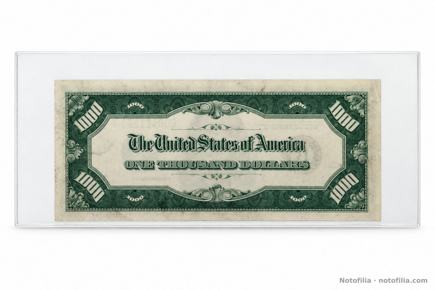 Reverso del 1.000 dólares, serie 1934 A: The United States of America en gótico y ONE THOUSAND DOLLARS.