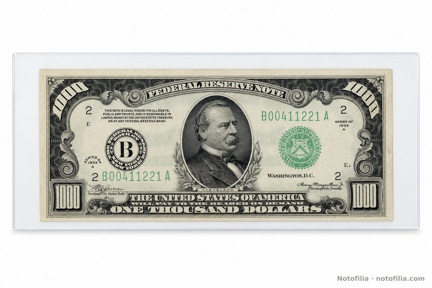 Anverso del 1.000 dólares, serie 1934 A, distrito de Nueva York, serial B00411221A: Cleveland, sello verde del Tesoro y funda rígida.