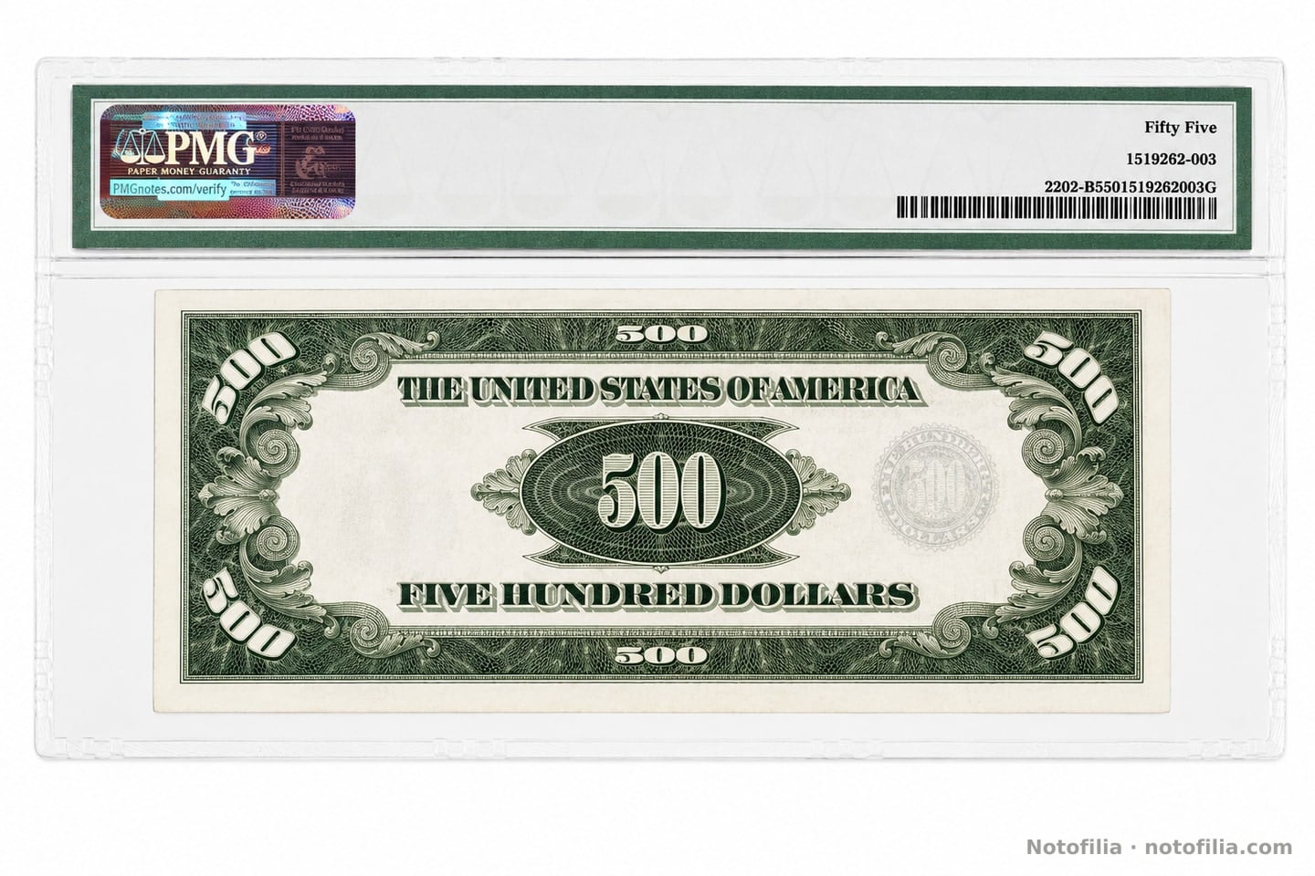 Reverso encapsulado del 500 dólares, serie 1934 A, certificado PMG 1519262-003: óvalo con el 500 y FIVE HUNDRED DOLLARS.