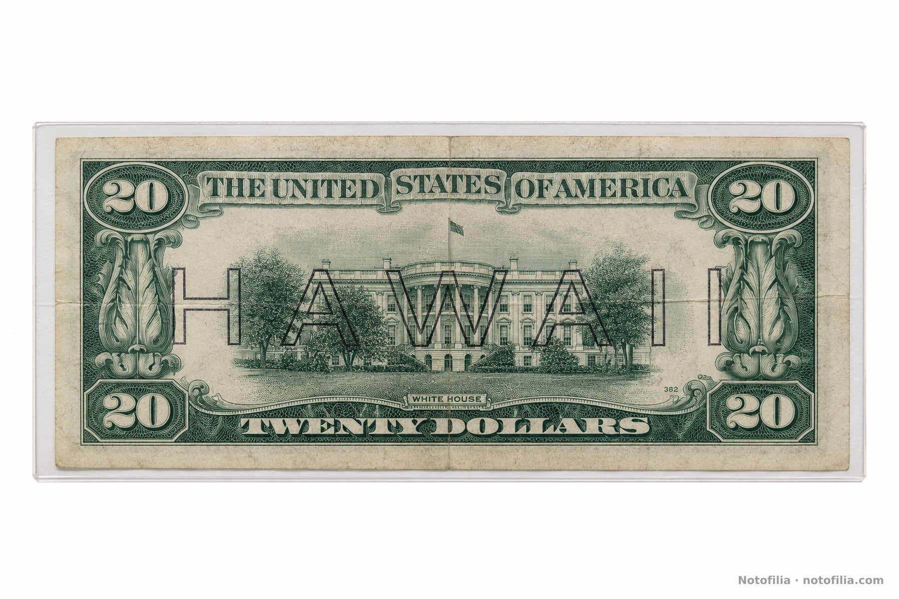 Reverso del 20 dólares HAWAII, serial L86654132A: Casa Blanca, HAWAII en letras huecas y plancha de reverso 382.