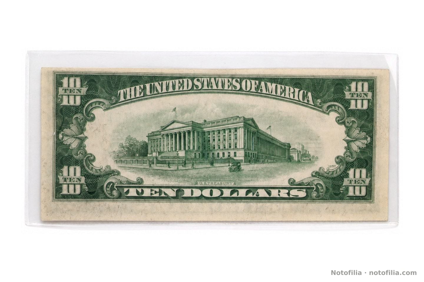 Reverso del 10 dólares, serie 1934 D: edificio del Tesoro y TEN DOLLARS. Plancha 1297. Sin lema IN GOD WE TRUST.