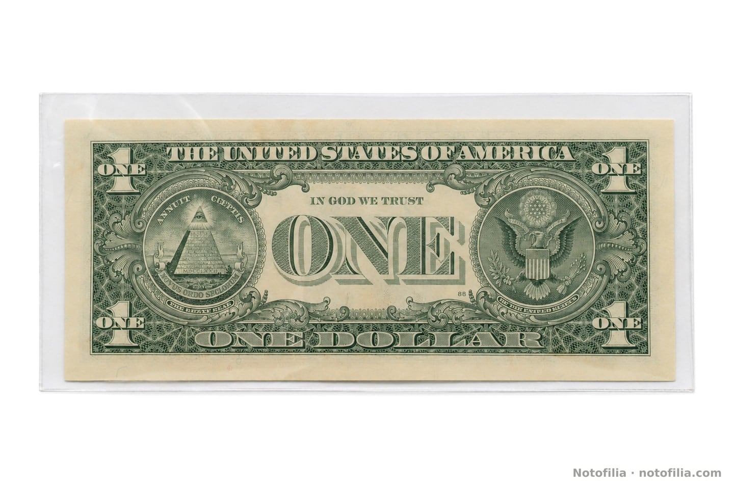 Back of the Series 2003 $1: both faces of the Great Seal and ONE DOLLAR. Plate 88.