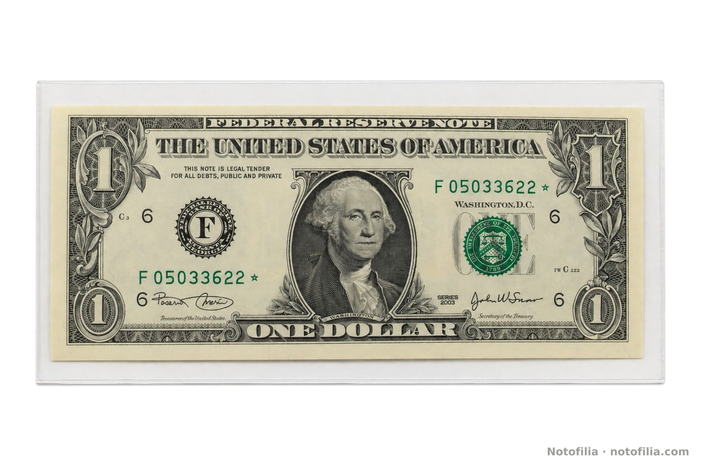 Face of the Series 2003 $1, Atlanta district, replacement serial F 05033622 ★: Washington and the green Treasury seal.