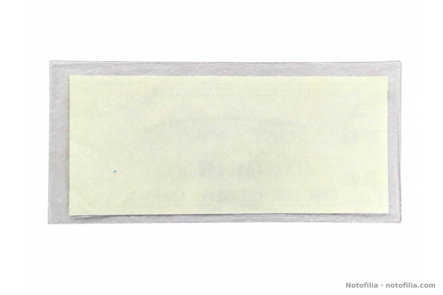 Reverso en blanco de la misma nota de prueba Giori, en funda: sin tinta, grabado ni serial.