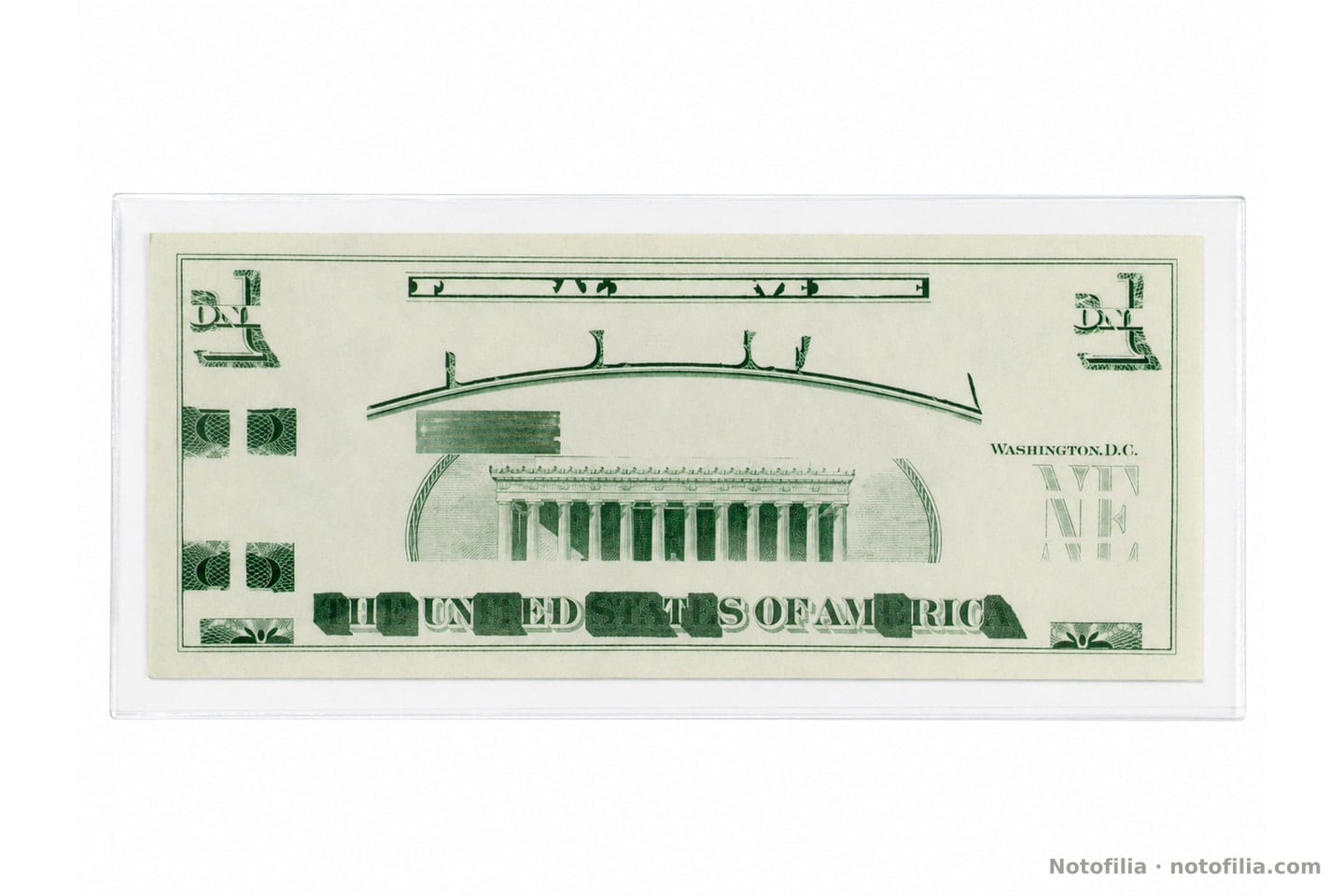 Anverso uniface de la nota de prueba Giori, hacia los años 1970: Lincoln Memorial en verde, THE UNITED STATES OF AMERICA y 1 de las esquinas del 1 dólar, sin serial.