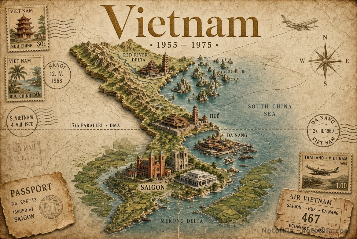 Mapa vintage en relieve 3D de Vietnam sobre pergamino, con el delta del Río Rojo, Huế, Đà Nẵng, Saigón, el paralelo 17, sellos y el título Vietnam 1955–1975