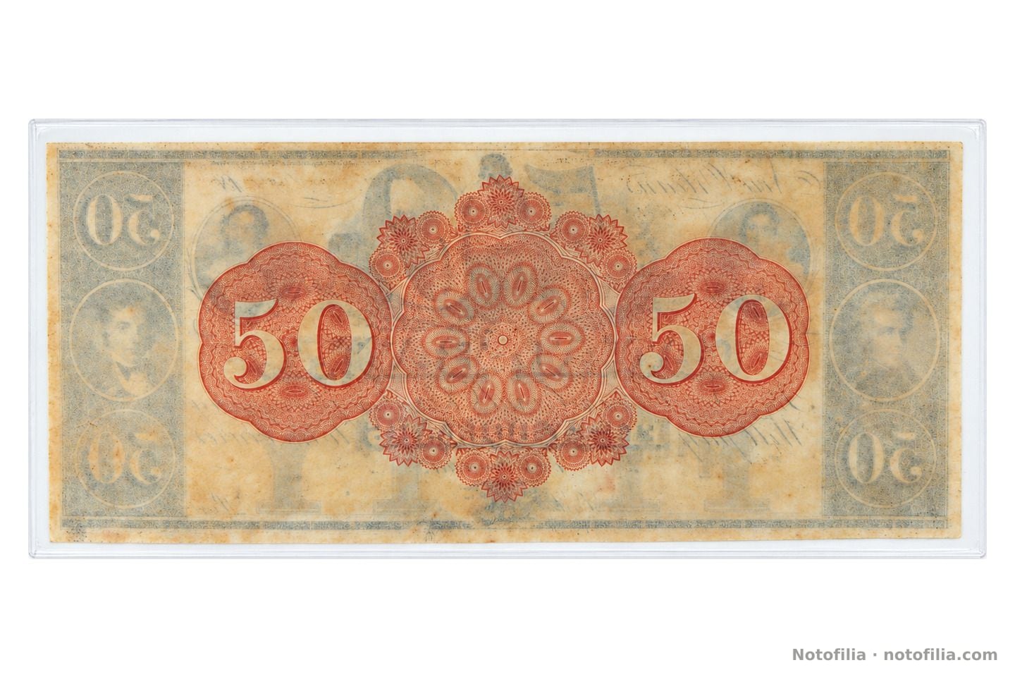 Reverso «Redback» en rojo anaranjado: dos 50 sobre rosetones de torno y un medallón central; el anverso se ve invertido al trasluz. Sin serial ni firmas.