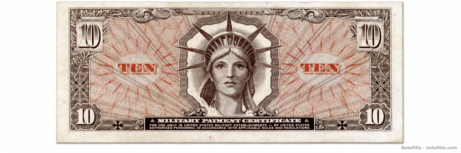 Reverso del 10 dólares, serie 641: cabeza de la Estatua de la Libertad y TEN en rojo.