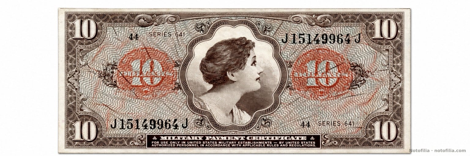 Anverso del 10 dólares, serie 641, serial J15149964J: retrato de mujer y sobrecargas rojas del 10.
