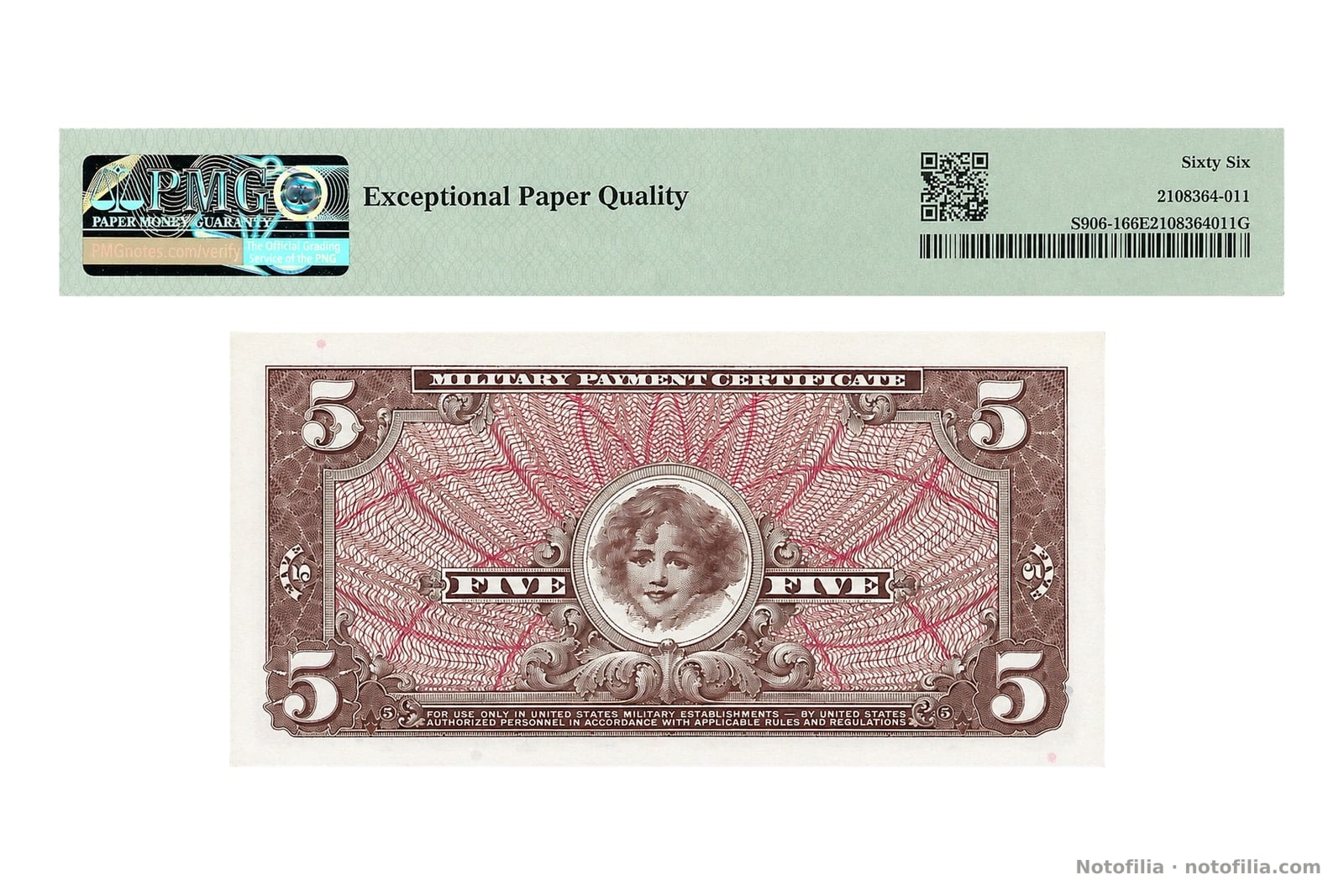 Slabbed back of the Series 661 $5, PMG certificate 2108364-011: girl’s head and FIVE in burgundy.