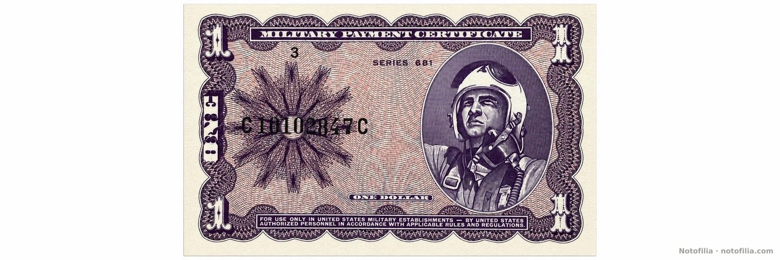 Anverso del 1 dólar, serie 681, serial C10102847C: piloto con casco y sobrecargas violetas del 1.