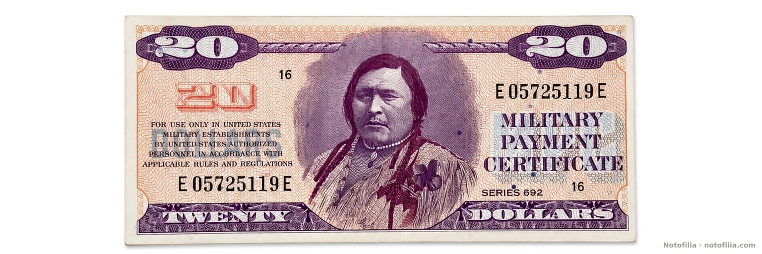 Anverso del 20 dólares, serie 692, serial E05725119E: retrato del jefe Ouray y 20 en naranja.