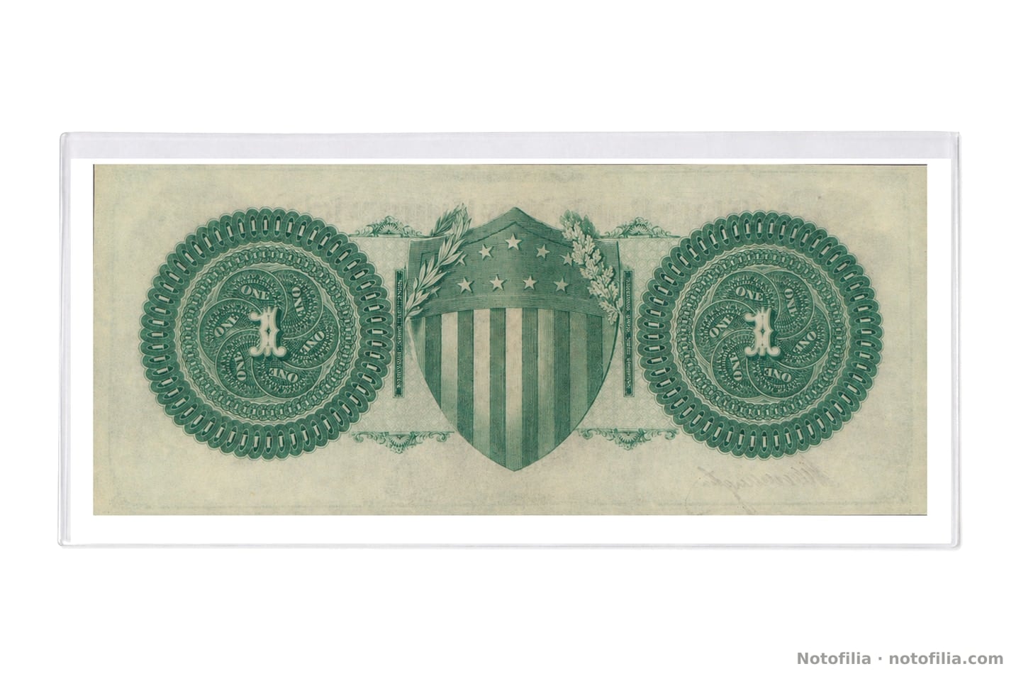 National Bank Note Company green back: the United States shield between medallions with the figure 1. Patent of 23 April 1860.