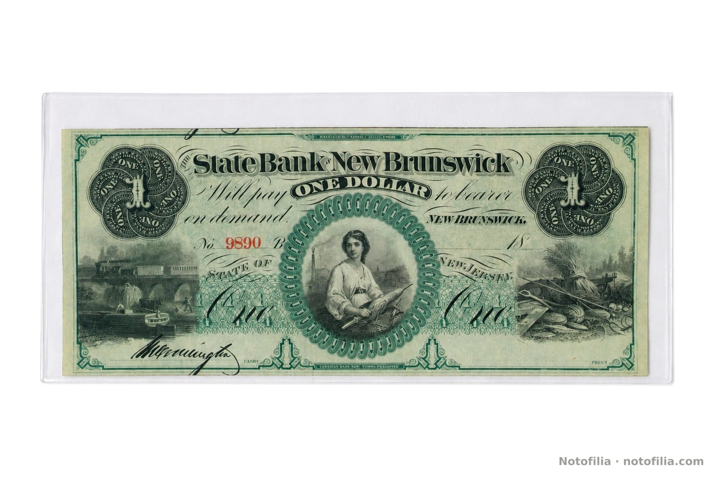 Face of the $1 remainder, Haxby NJ-350 G16a, serial 9890, plate B: locomotive, agricultural allegory, and the red serial.